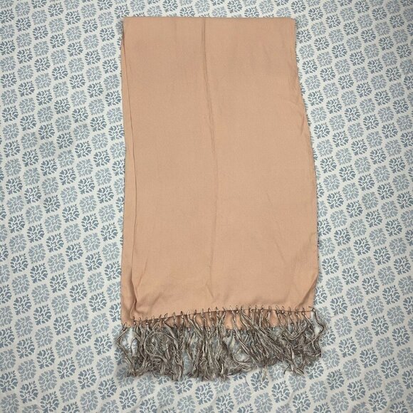 Scarf Peachy Pink Embroidered Scarf with Fringe Vintage - Picture 5 of 6